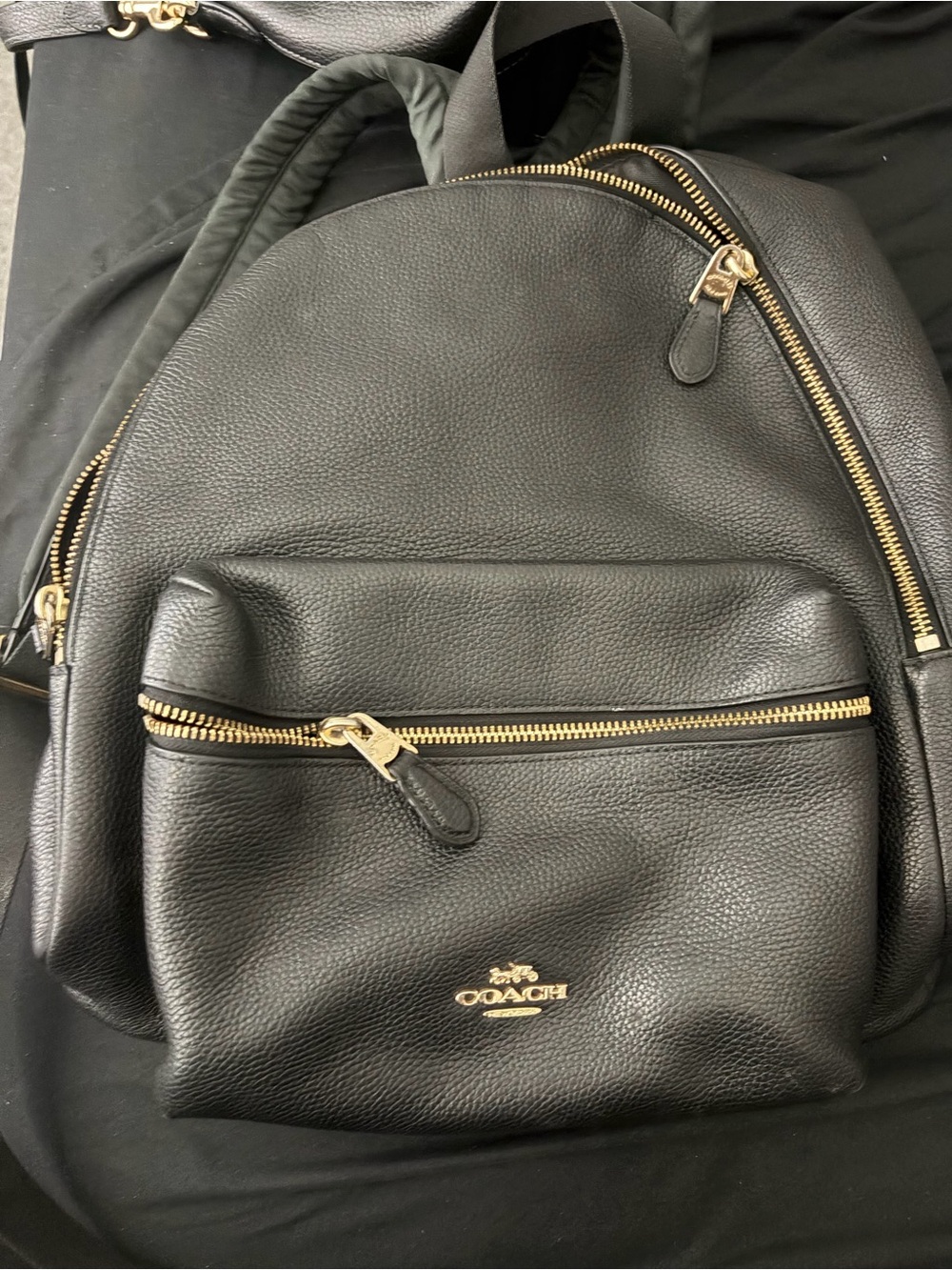 Coach Black Pebbled Leather Backpack with Gold Zippers